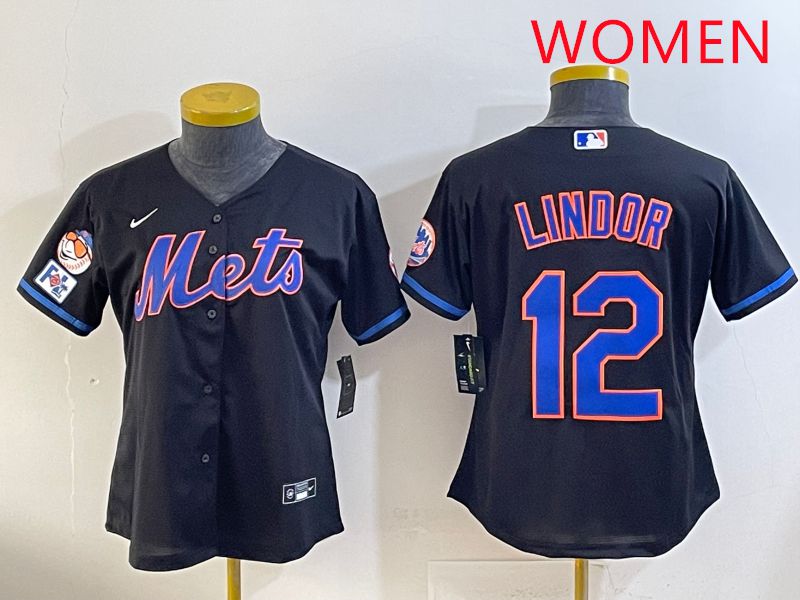 Women 2025 New York Mets 12 Lindor Black Game Nike MLB Jersey style 11